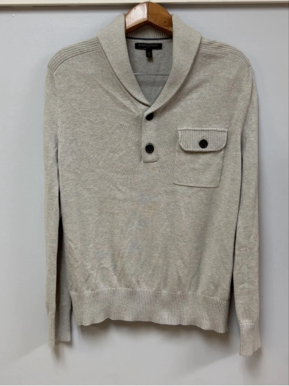 Banana Republic Cotton Khaki Shawl Neck Sweater Mens Medium Tan Beige